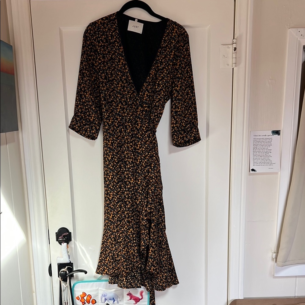 Black and Orange Ruffled Wrap Midi Dress
